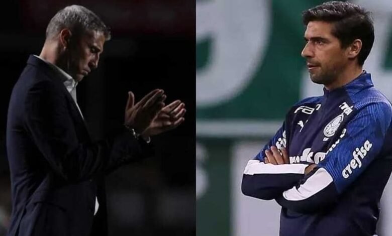 Imagem destacando o técnico Hernán Crespo comemorando vitória do São Paulo contra o Palmeiras em clássico, superando o técnico palmeirense Abel Ferreira.
