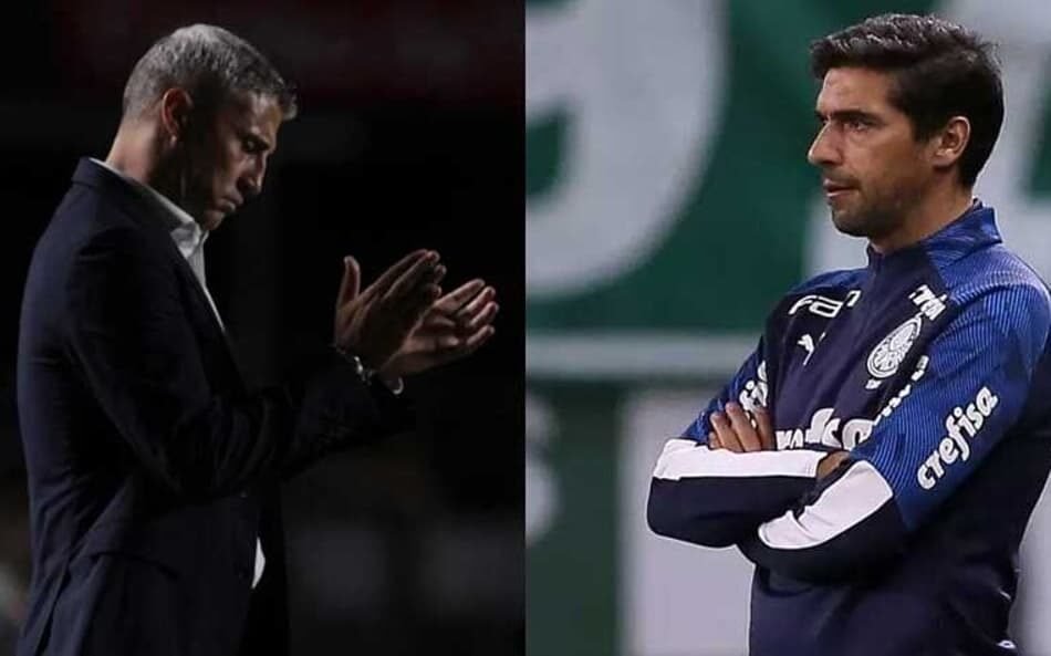 Imagem destacando o técnico Hernán Crespo comemorando vitória do São Paulo contra o Palmeiras em clássico, superando o técnico palmeirense Abel Ferreira.