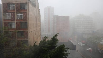 A imagem mostra um cenário urbano durante uma forte chuva. Vários prédios são visíveis, com um deles em primeiro plano apresentando janelas e uma fachada de tijolos. A visibilidade é baixa devido à intensidade da chuva, e árvores balançam com o vento. O ambiente parece molhado e cinzento, refletindo as condições climáticas adversas.