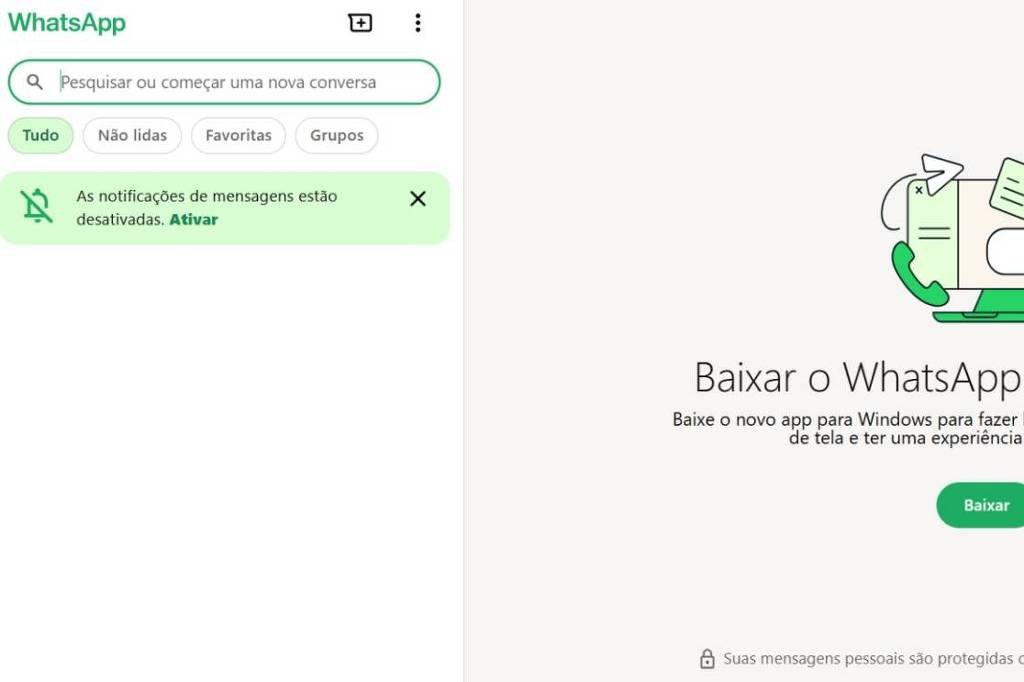 Interface do WhatsApp exibindo opção para baixar o aplicativo para Windows. Texto informa que o novo app permite fazer ligações, usar compartilhamento de tela e oferece experiência mais rápida. Botão verde com a palavra