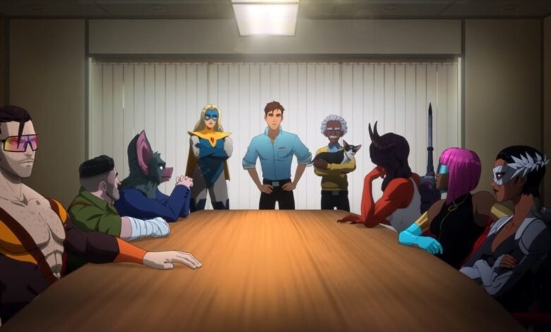 The cast of Dispatch sits around a meeting table.