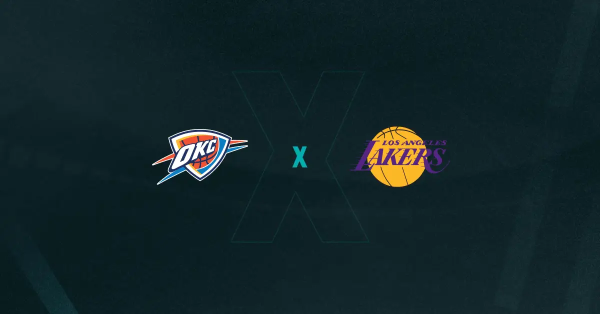 Escudos de Oklahoma City Thunder x Los Angeles Lakers, que se enfrentam pela NBA