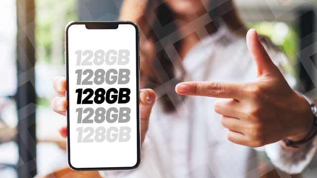 Imagem de um smartphone com 128 GB de armazenamento, questionando se ainda é uma escolha adequada ou se é hora de buscar mais espaço.