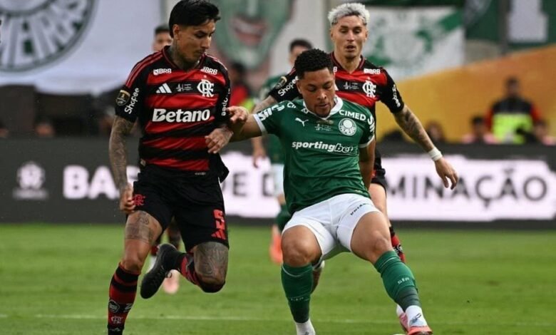 Imagem mostrando partida de futebol entre Palmeiras e Flamengo pelo Brasileirão, destacando a determinação do time do Palmeiras em busca de frear o título do Flamengo.