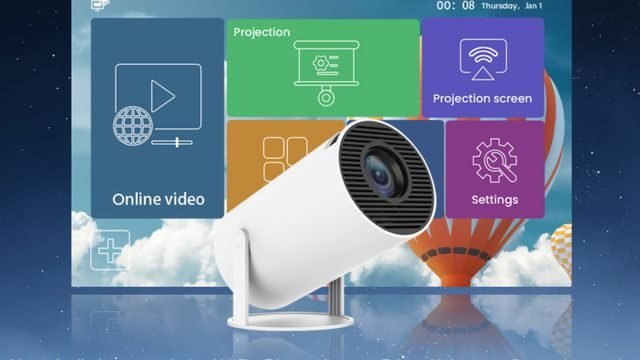 Mini projetor Android portátil com projeção de até 200 polegadas por menos de R$230, ideal para cinema em casa e apresentações.