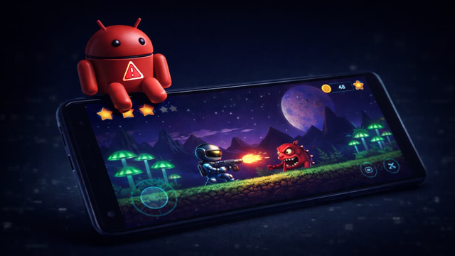 Ilustração de um smartphone Android infectado por novo vírus em mods de jogos, usado como ferramenta de fraude cibernética.