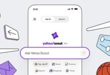 Interface do Yahoo Scout, novo mecanismo de busca impulsionado por inteligência artificial, destacando resultados de pesquisa e funcionalidades inovadoras.
