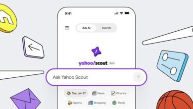 Interface do Yahoo Scout, novo mecanismo de busca impulsionado por inteligência artificial, destacando resultados de pesquisa e funcionalidades inovadoras.