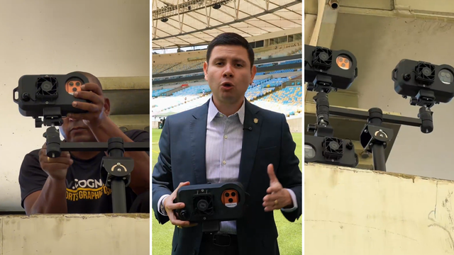 Jogador de futebol brasileiro é capturado durante um jogo do Brasileirão 2026, com tecnologia avançada de impedimentos visível ao fundo, demonstrando a inovação tecnológica no esporte brasileiro.